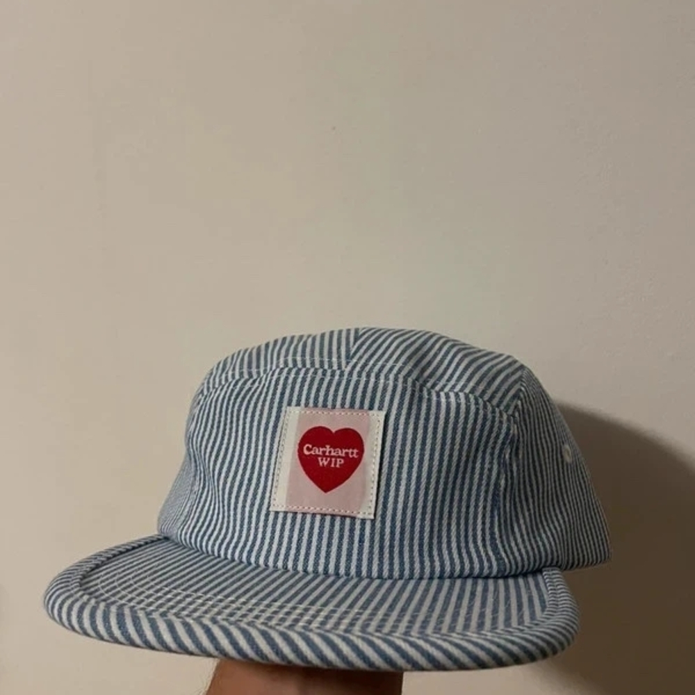 Carhartt WIP Kids Blue and White Stripe Cap with Red Heart Patch